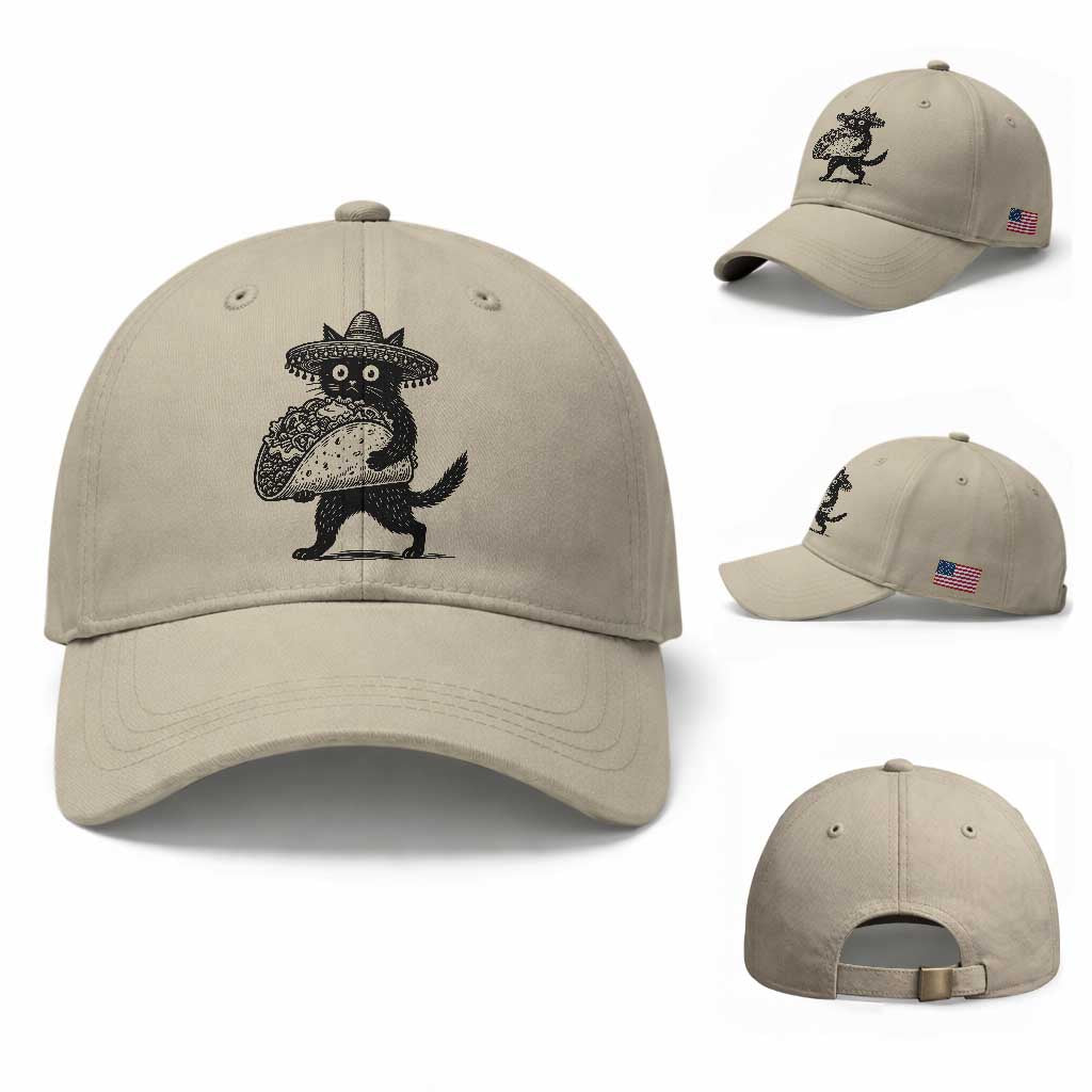 Funny Cinco De Mayo Black Cat With Taco Baseball Cap Mexican Food Gift