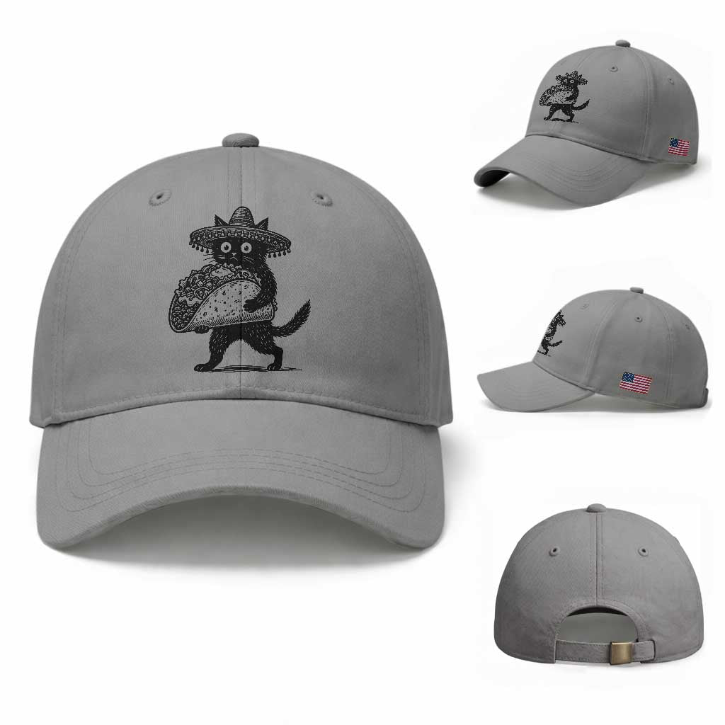 Funny Cinco De Mayo Black Cat With Taco Baseball Cap Mexican Food Gift