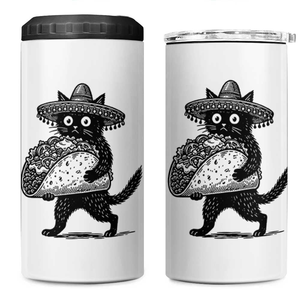 Funny Cinco De Mayo Black Cat With Taco 4 in 1 Can Cooler Tumbler Mexican Food Gift