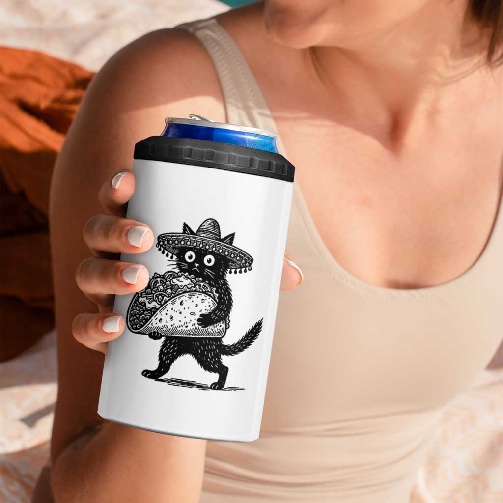 Funny Cinco De Mayo Black Cat With Taco 4 in 1 Can Cooler Tumbler Mexican Food Gift