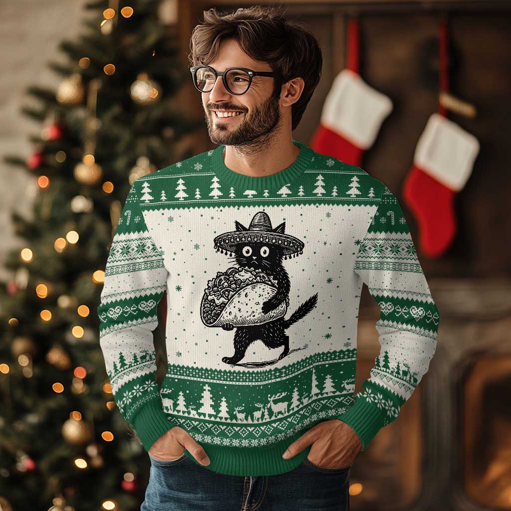 Funny Cinco De Mayo Black Cat With Taco Ugly Christmas Sweater Mexican Food Gift