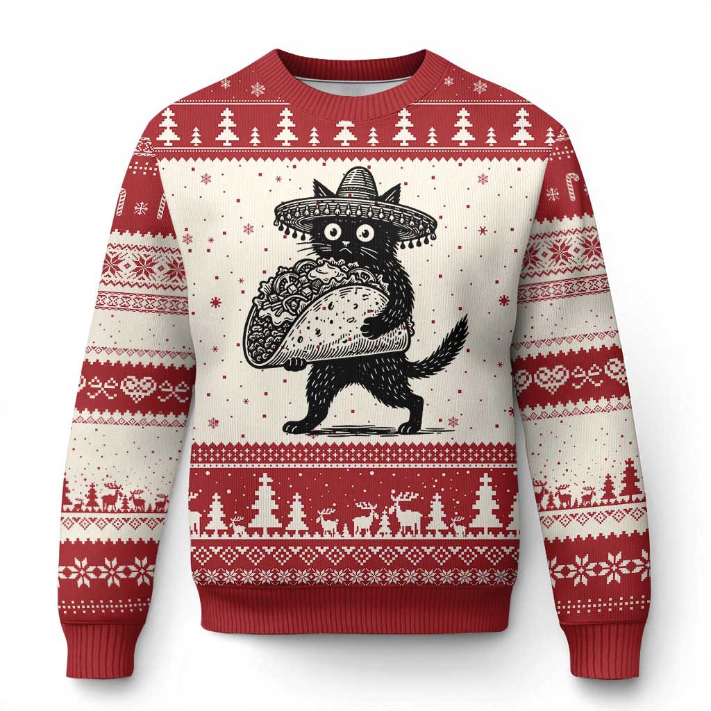 Funny Cinco De Mayo Black Cat With Taco Ugly Christmas Sweater Mexican Food Gift