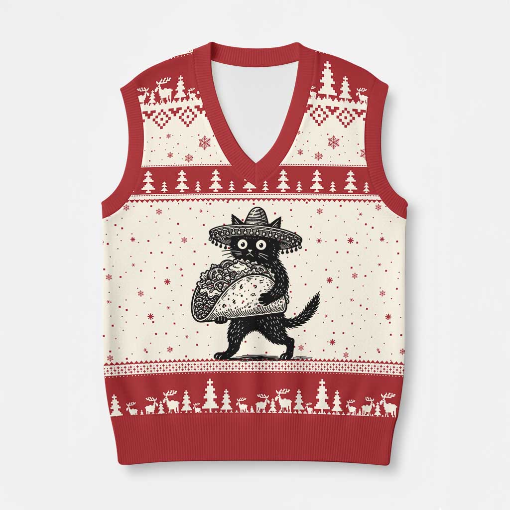 Funny Cinco De Mayo Black Cat With Taco V-Neck Knit Sweater Vest Mexican Food Gift