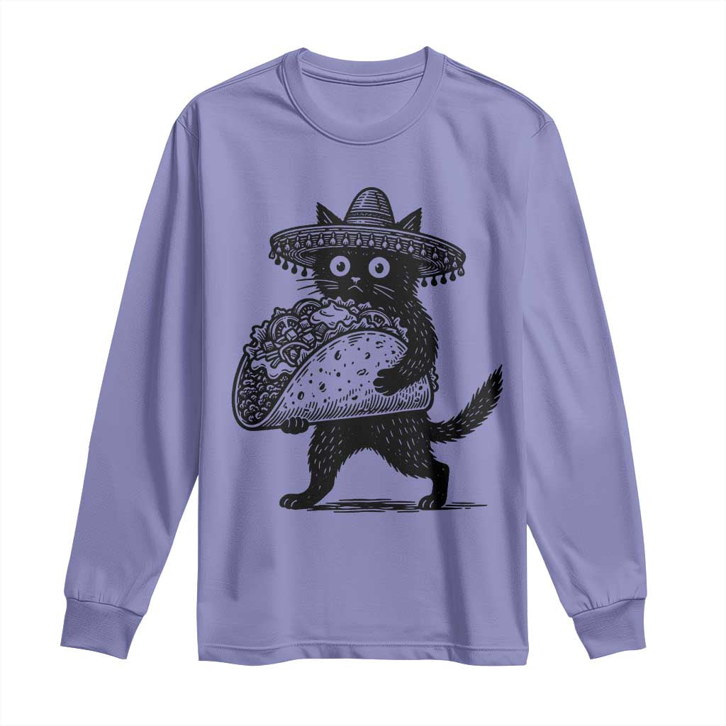 Funny Cinco De Mayo Black Cat With Taco Long Sleeve Shirt Mexican Food Gift