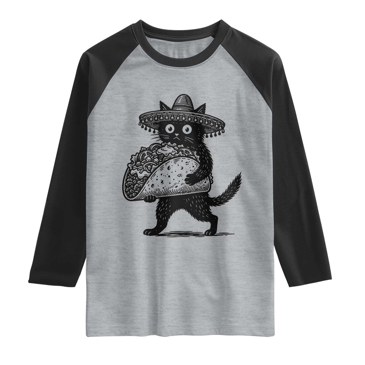Funny Cinco De Mayo Black Cat With Taco Raglan Shirt Mexican Food Gift