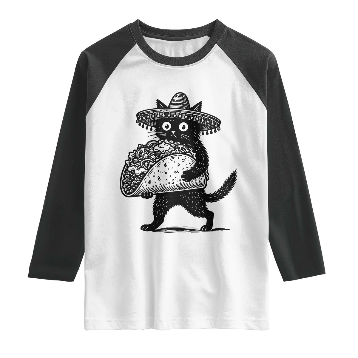 Funny Cinco De Mayo Black Cat With Taco Raglan Shirt Mexican Food Gift