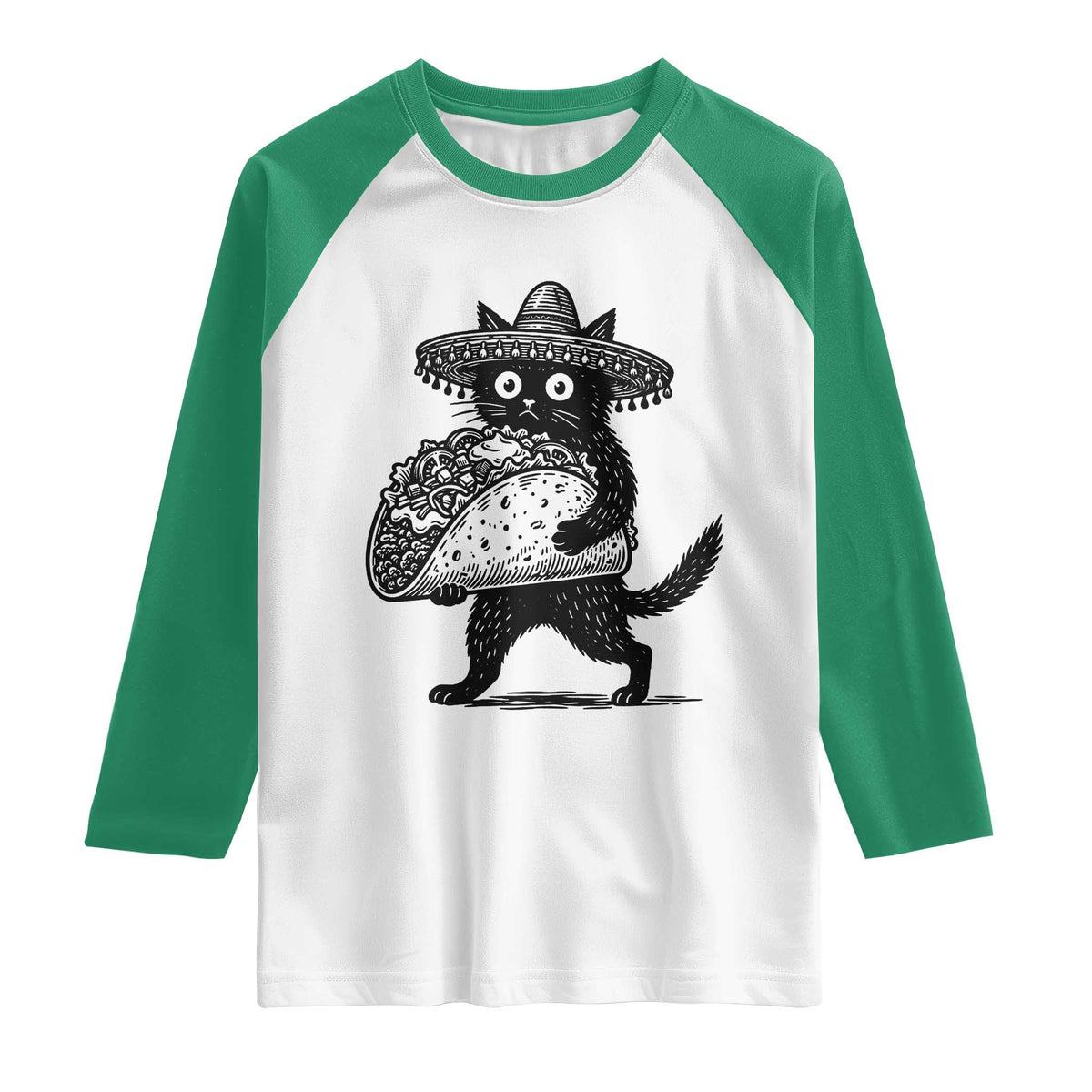 Funny Cinco De Mayo Black Cat With Taco Raglan Shirt Mexican Food Gift