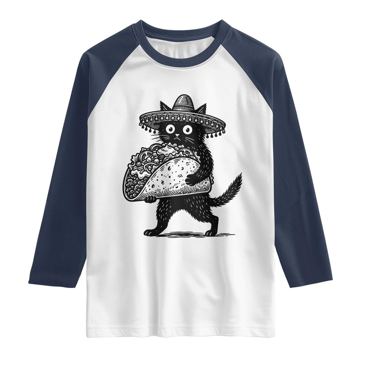 Funny Cinco De Mayo Black Cat With Taco Raglan Shirt Mexican Food Gift