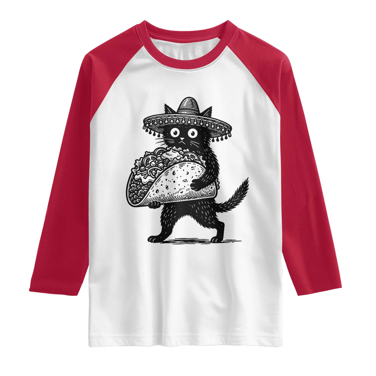 Funny Cinco De Mayo Black Cat With Taco Raglan Shirt Mexican Food Gift