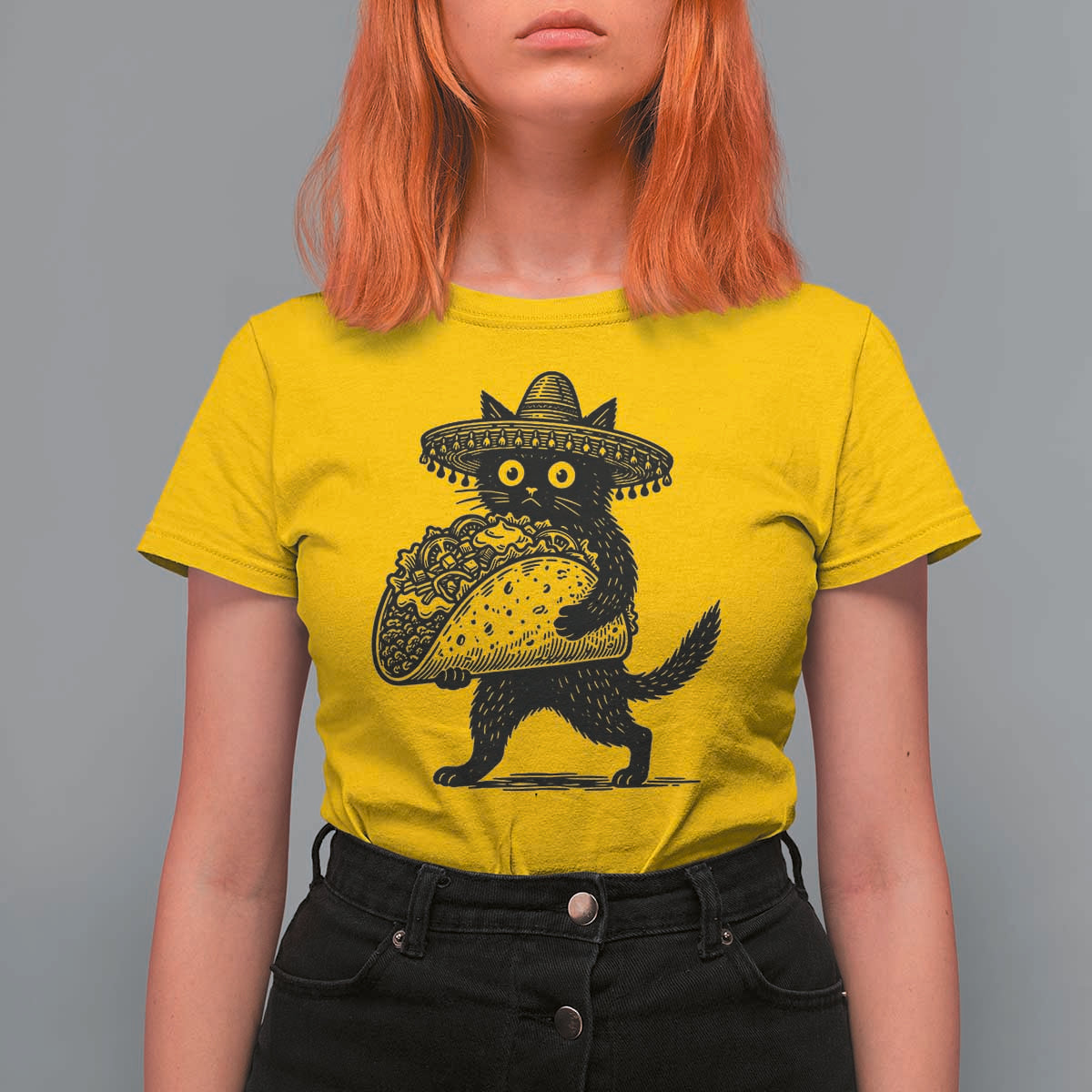 Funny Cinco De Mayo Black Cat With Taco T Shirt For Women Mexican Food Gift