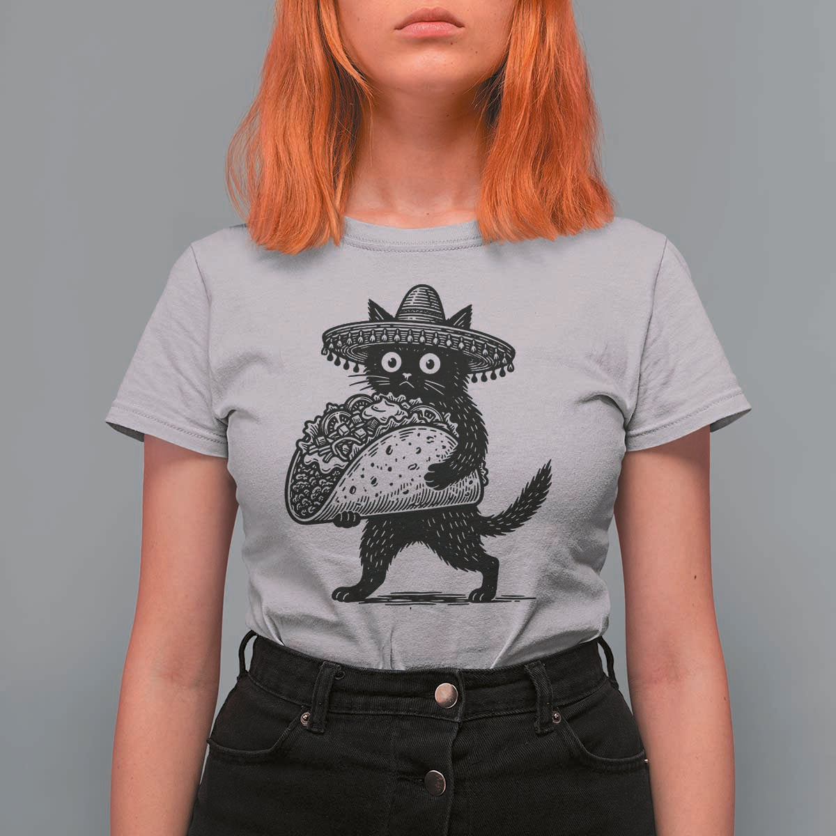 Funny Cinco De Mayo Black Cat With Taco T Shirt For Women Mexican Food Gift