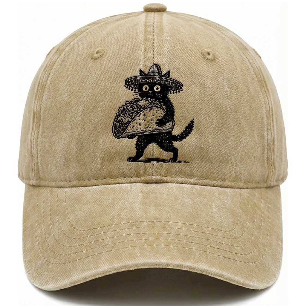 Funny Cinco De Mayo Black Cat With Taco Washed Cotton Baseball Cap Mexican Food Gift