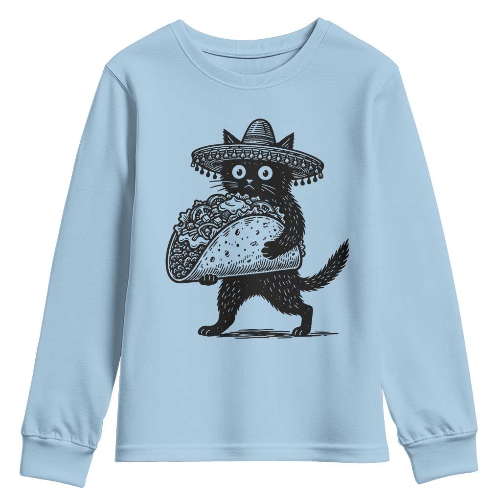 Funny Cinco De Mayo Black Cat With Taco Youth Sweatshirt Mexican Food Gift