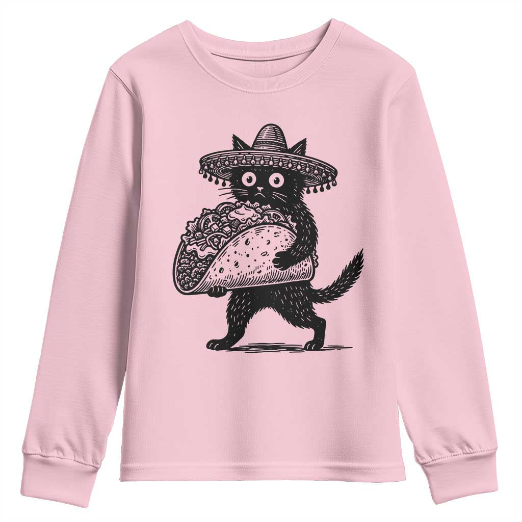 Funny Cinco De Mayo Black Cat With Taco Youth Sweatshirt Mexican Food Gift