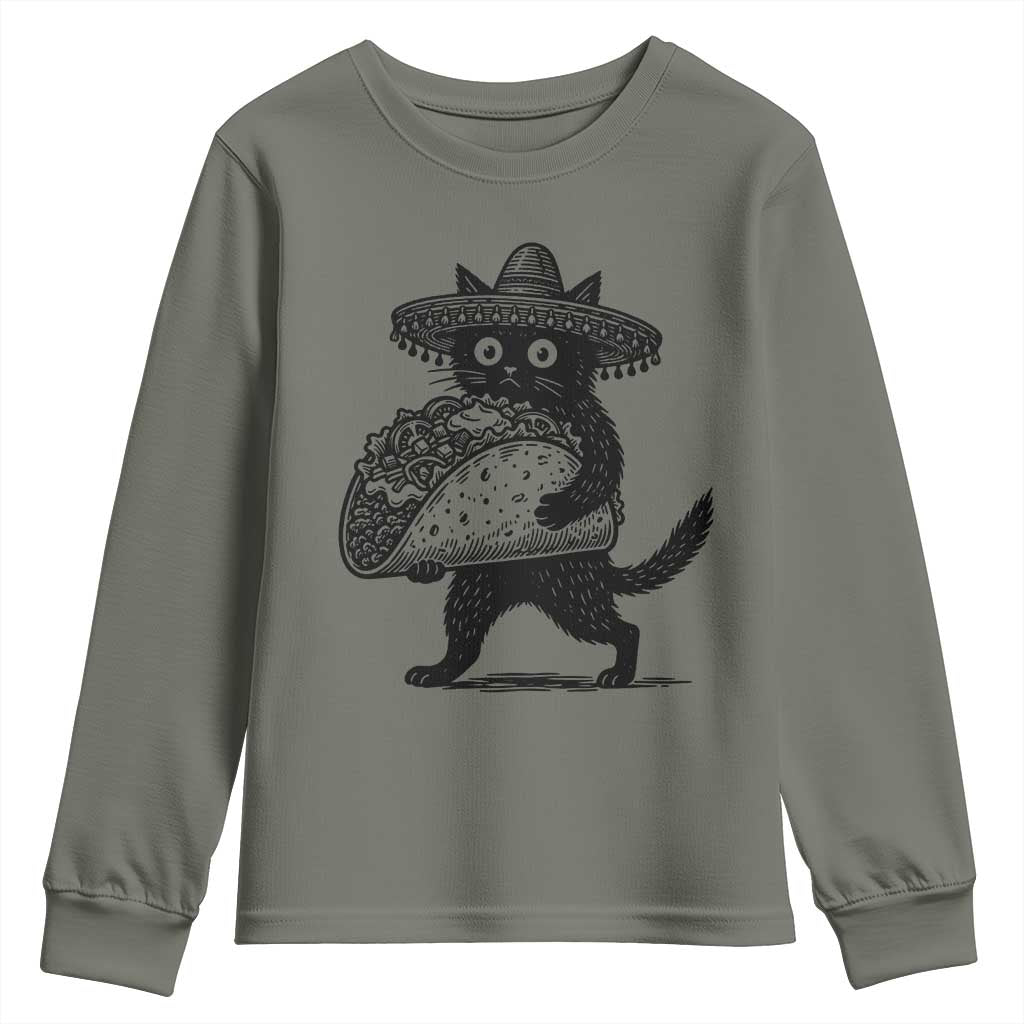 Funny Cinco De Mayo Black Cat With Taco Youth Sweatshirt Mexican Food Gift