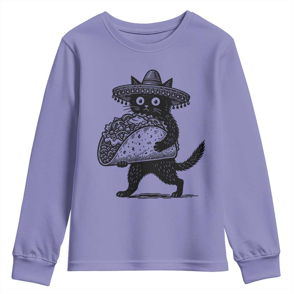 Funny Cinco De Mayo Black Cat With Taco Youth Sweatshirt Mexican Food Gift