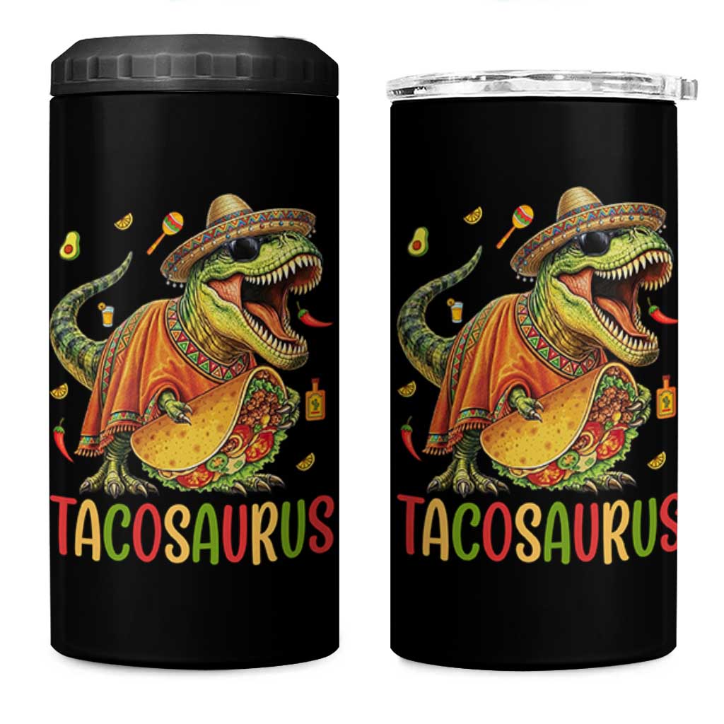 Cinco De Mayo Tacosaurus 4 in 1 Can Cooler Tumbler Funny Dinosaur Taco Lover Gift