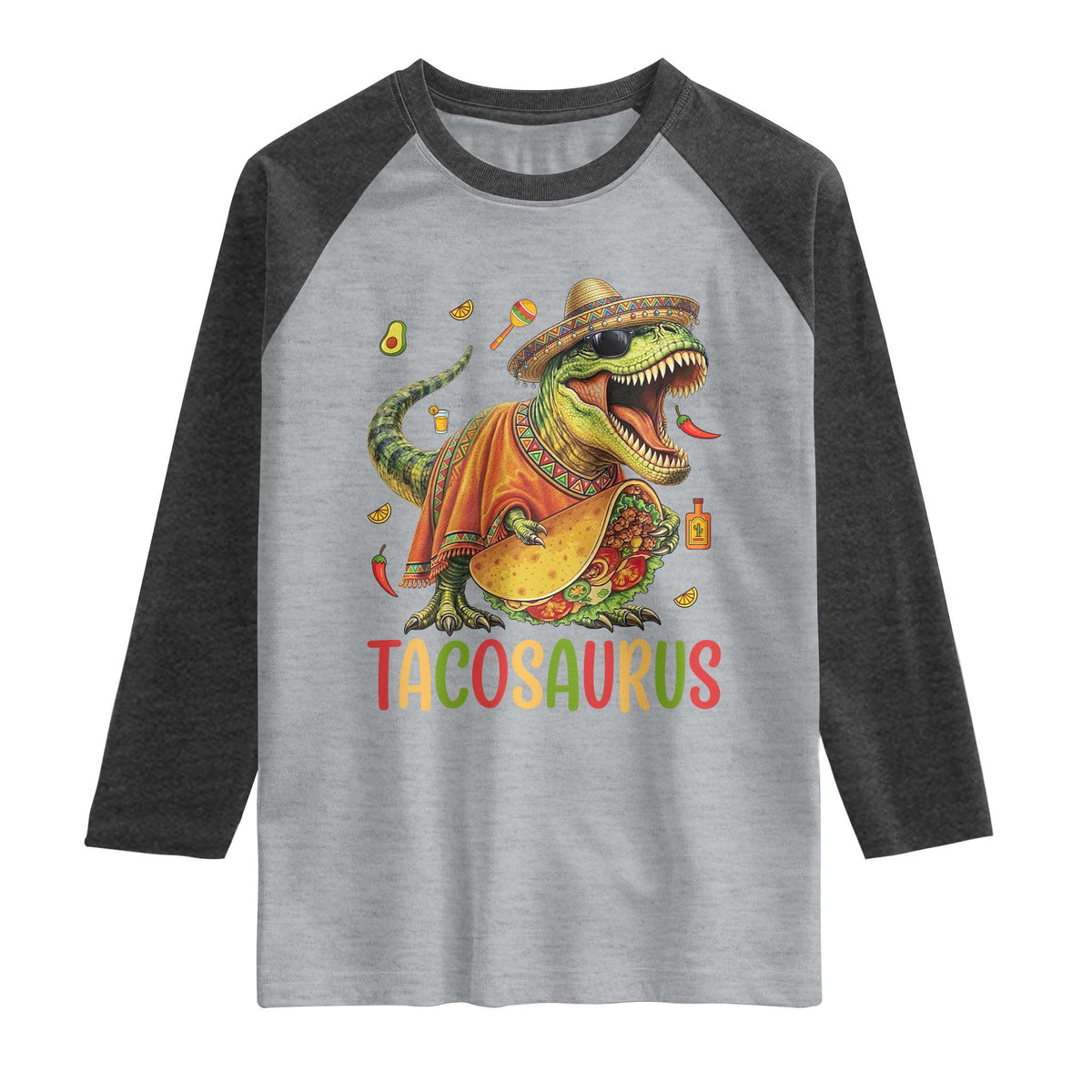 Cinco De Mayo Tacosaurus Raglan Shirt Funny Dinosaur Taco Lover Gift