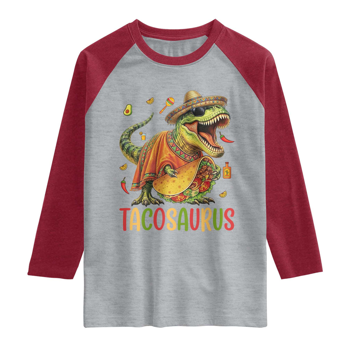 Cinco De Mayo Tacosaurus Raglan Shirt Funny Dinosaur Taco Lover Gift