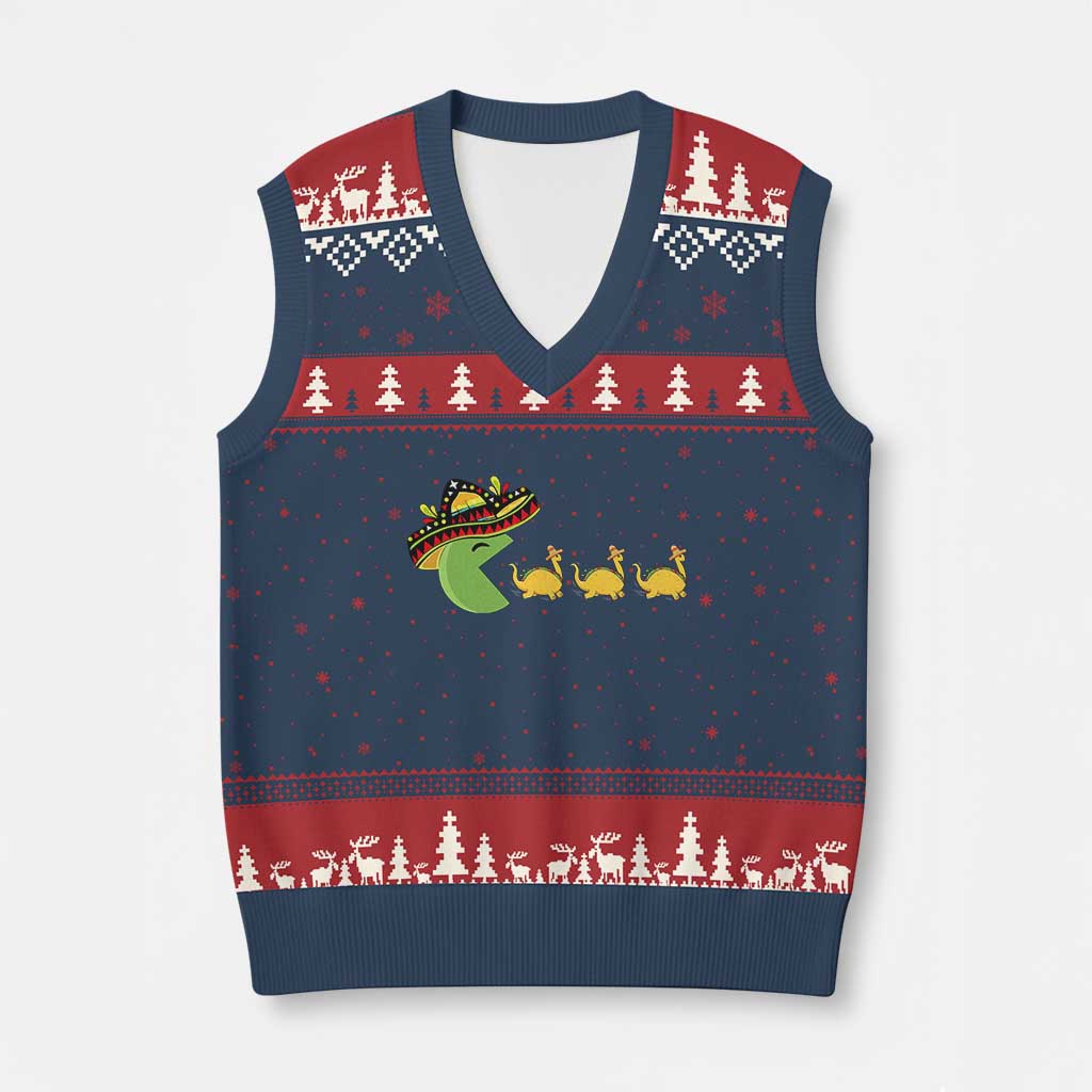 Funny Retro Game Tacosaurus V-Neck Knit Sweater Vest Cinco De Mayo Taco Lover Gift