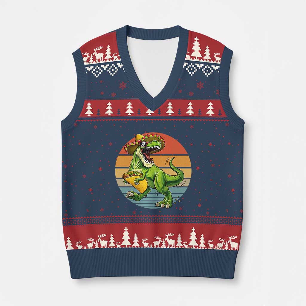 Vintage Dinosaur Taco Lover V-Neck Knit Sweater Vest Cinco De Mayo Gift