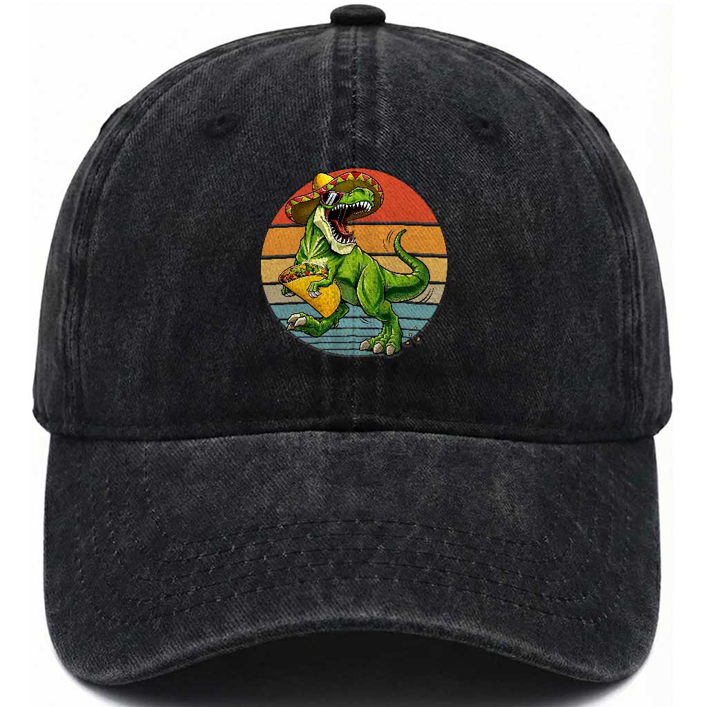Vintage Dinosaur Taco Lover Washed Cotton Baseball Cap Cinco De Mayo Gift