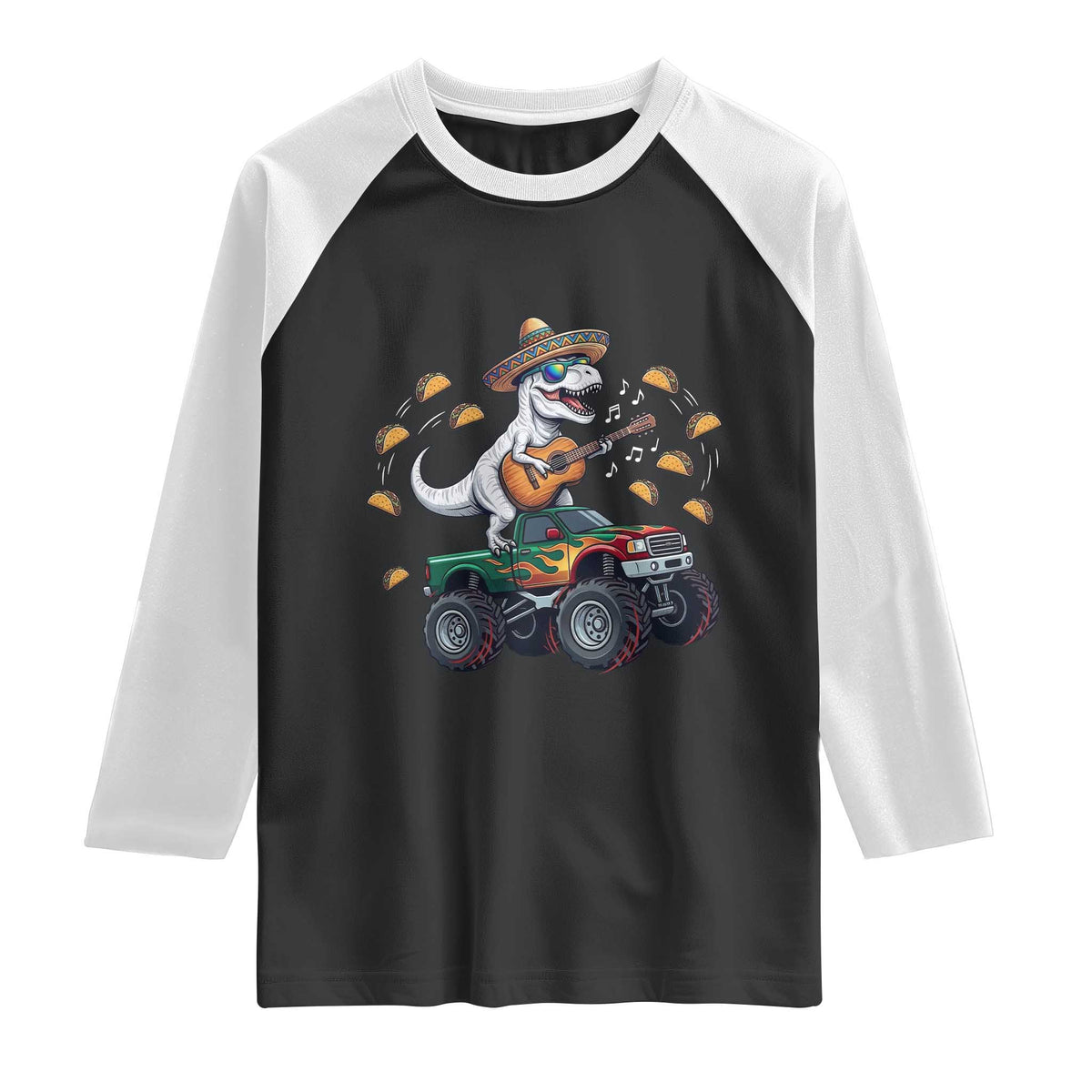 Funny Cinco De Mayo Dinosaur Monster Truck Raglan Shirt Taco Lover Gift