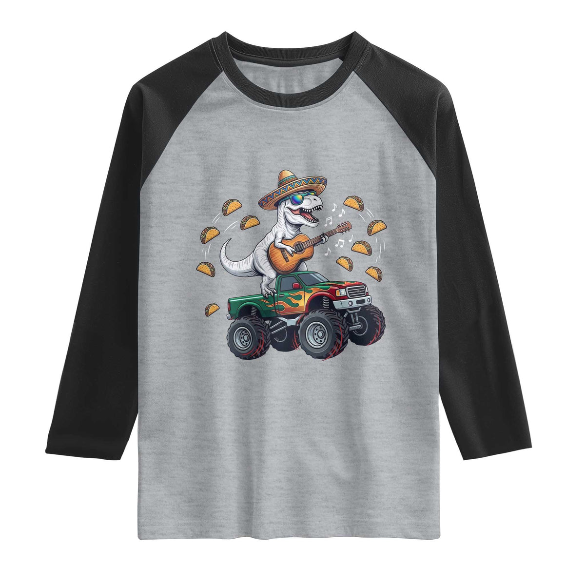 Funny Cinco De Mayo Dinosaur Monster Truck Raglan Shirt Taco Lover Gift