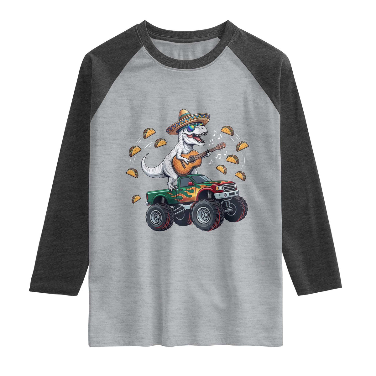 Funny Cinco De Mayo Dinosaur Monster Truck Raglan Shirt Taco Lover Gift