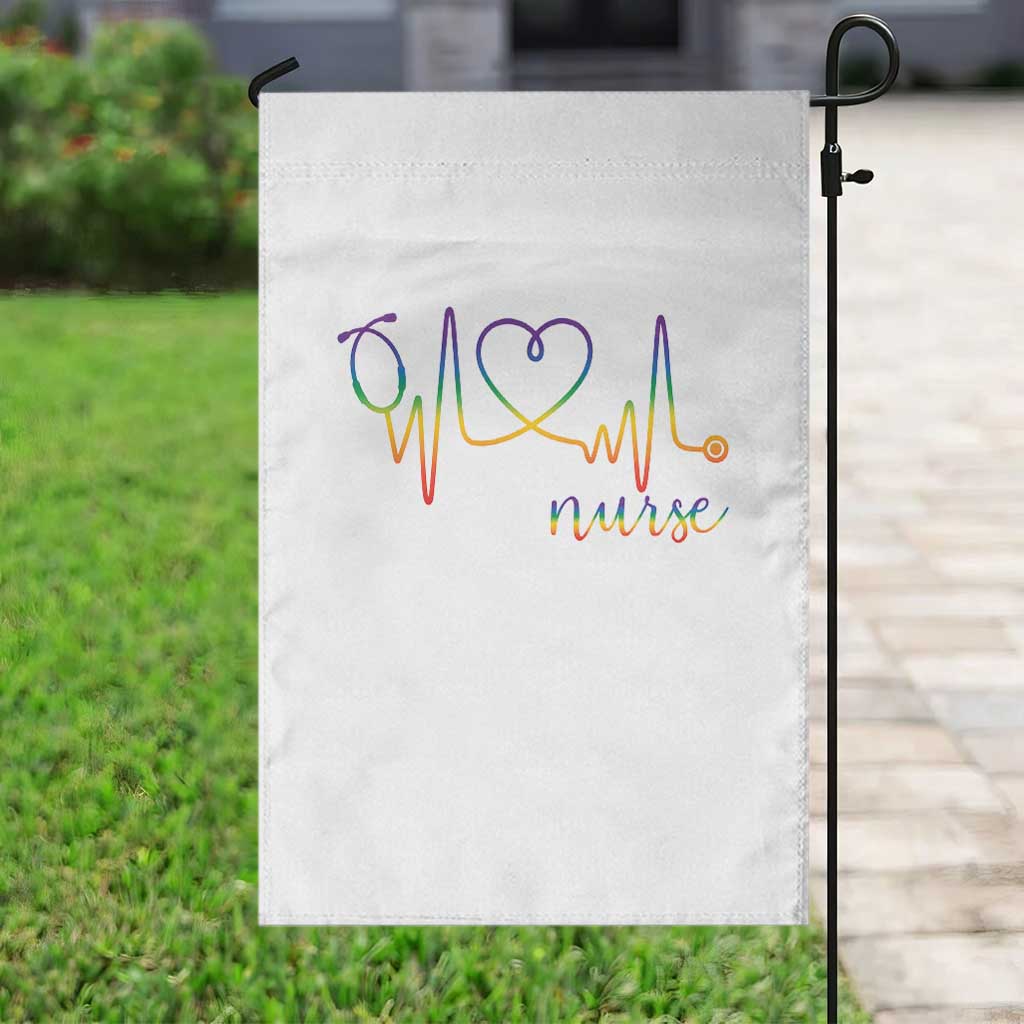 Nurse Heartbeat Rainbow Heart LGBTQ Pride Garden Flag Medical Professional Support