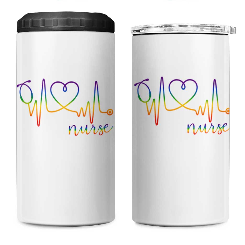 Nurse Heartbeat Rainbow Heart LGBTQ Pride 4 in 1 Can Cooler Tumbler Medical Professional Support