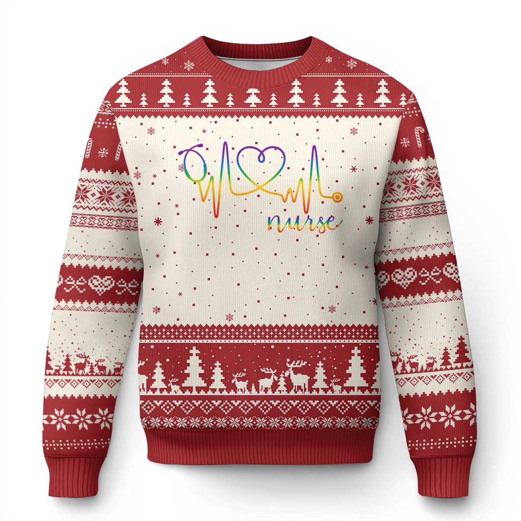 Nurse Heartbeat Rainbow Heart LGBTQ Pride Ugly Christmas Sweater Medical Professional Support