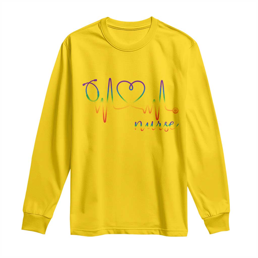 Nurse Heartbeat Rainbow Heart LGBTQ Pride Long Sleeve Shirt Medical Professional Support