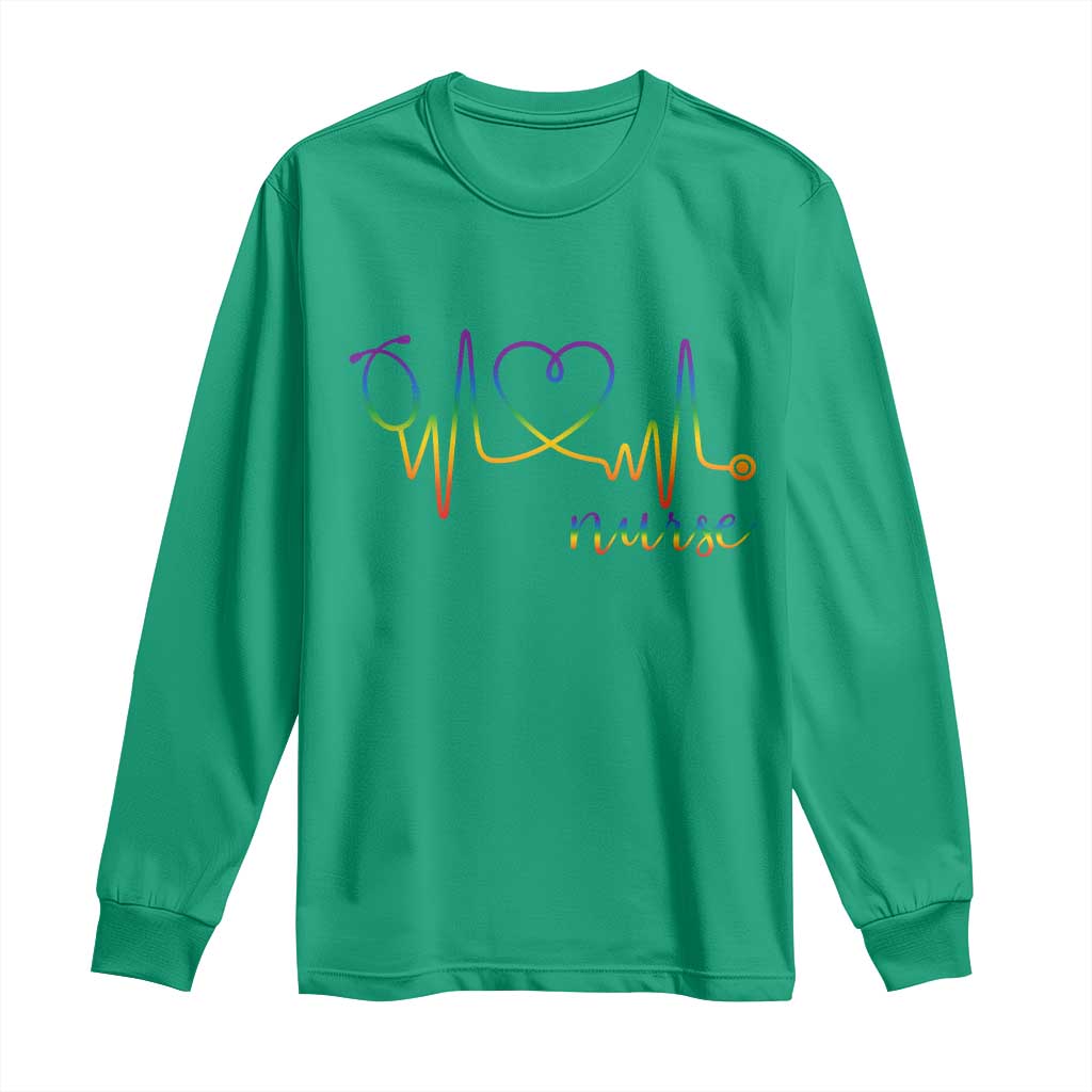 Nurse Heartbeat Rainbow Heart LGBTQ Pride Long Sleeve Shirt Medical Professional Support