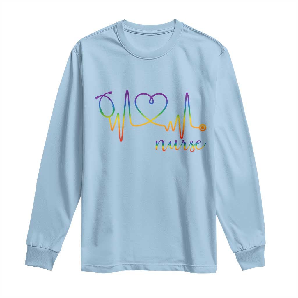 Nurse Heartbeat Rainbow Heart LGBTQ Pride Long Sleeve Shirt Medical Professional Support