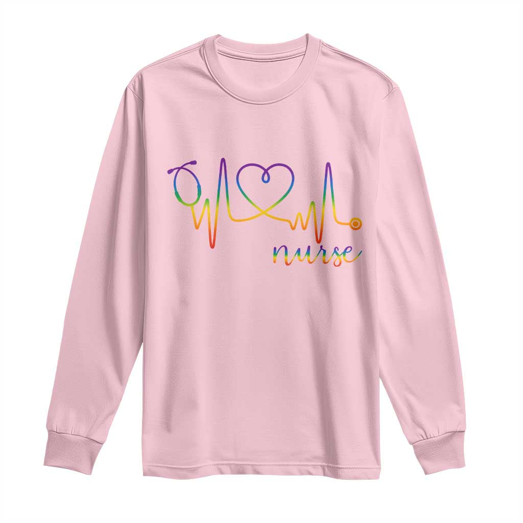 Nurse Heartbeat Rainbow Heart LGBTQ Pride Long Sleeve Shirt Medical Professional Support