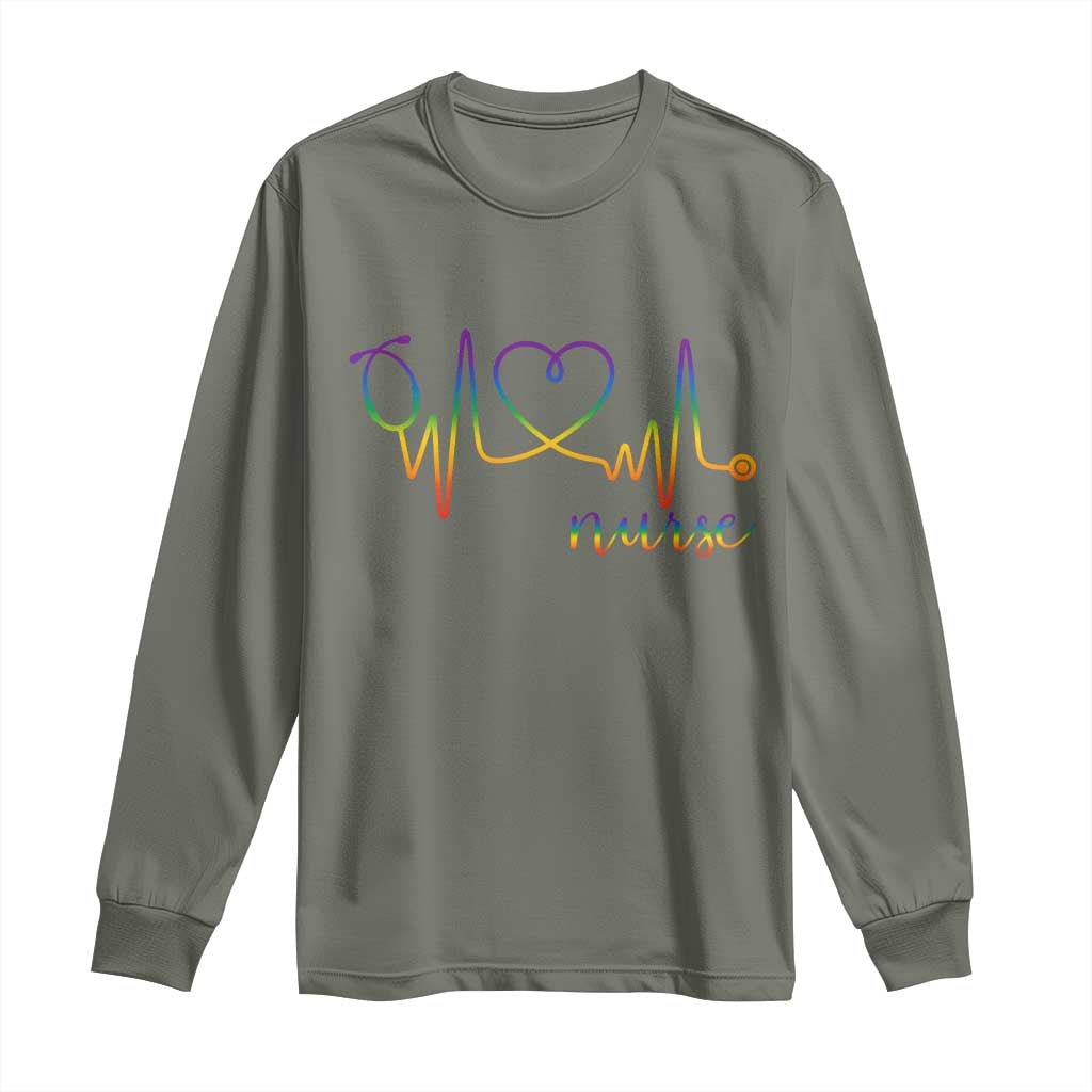 Nurse Heartbeat Rainbow Heart LGBTQ Pride Long Sleeve Shirt Medical Professional Support