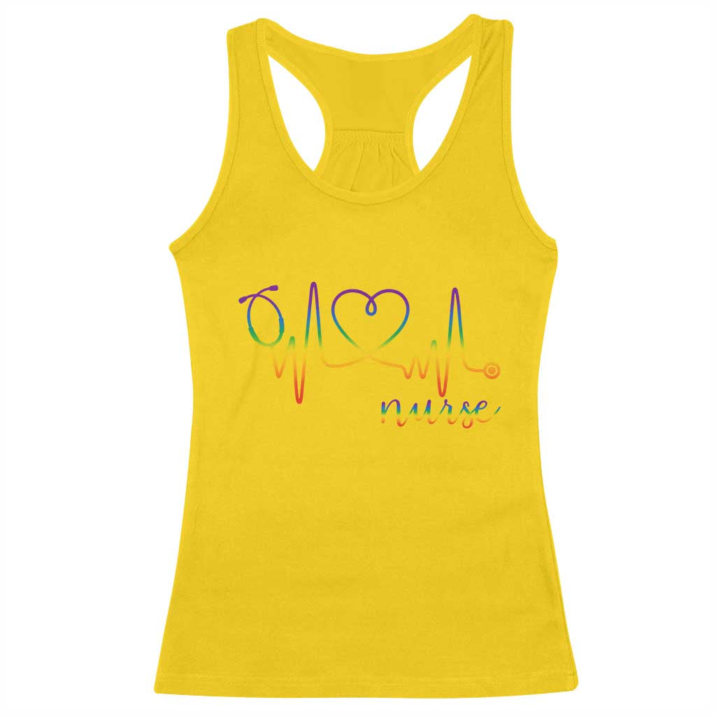 Nurse Heartbeat Rainbow Heart LGBTQ Pride Racerback Tank Top Medical Professional Support