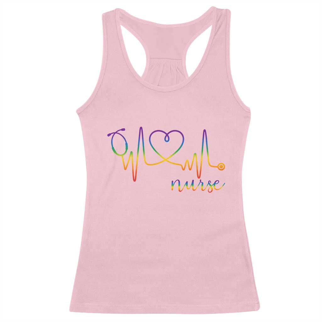 Nurse Heartbeat Rainbow Heart LGBTQ Pride Racerback Tank Top Medical Professional Support