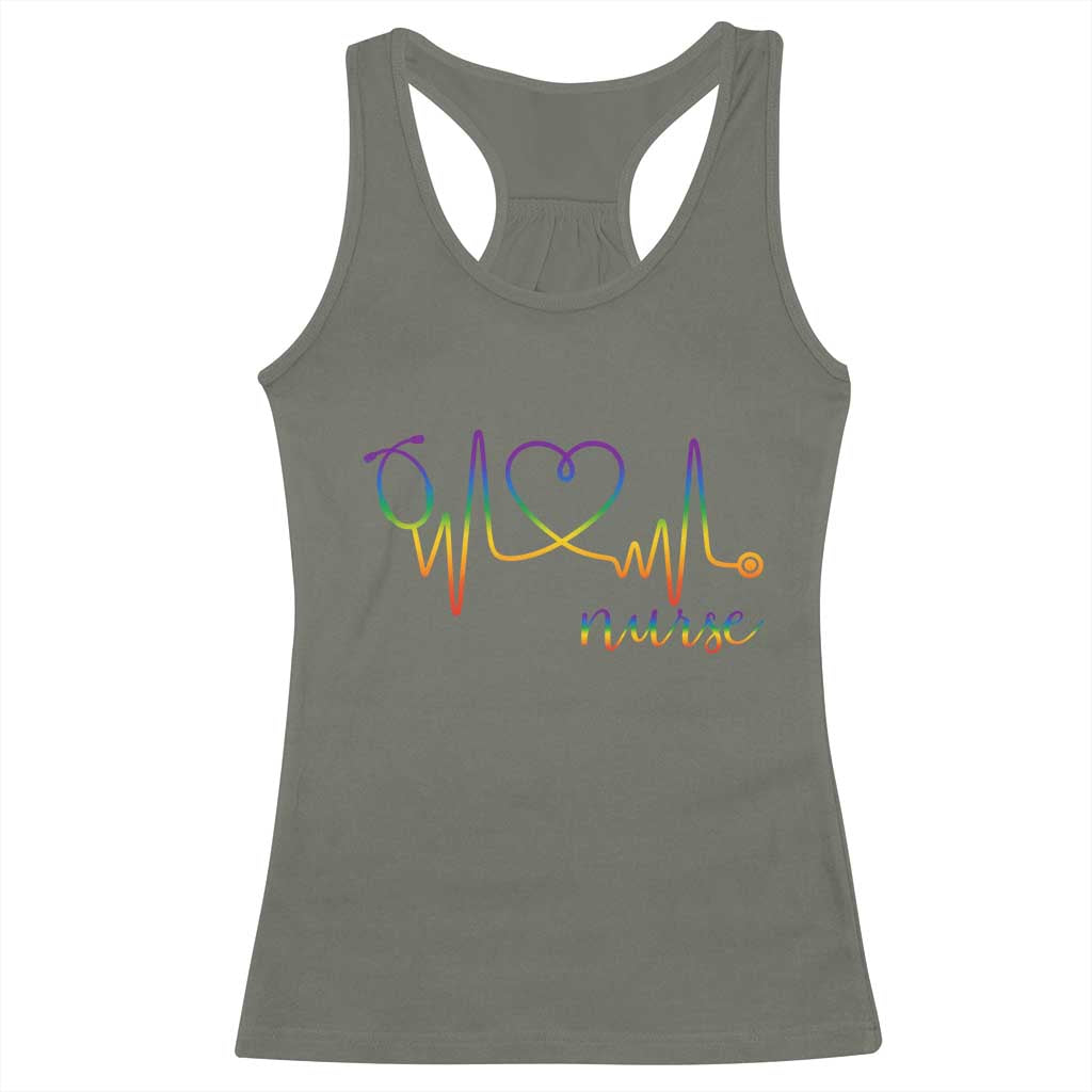 Nurse Heartbeat Rainbow Heart LGBTQ Pride Racerback Tank Top Medical Professional Support