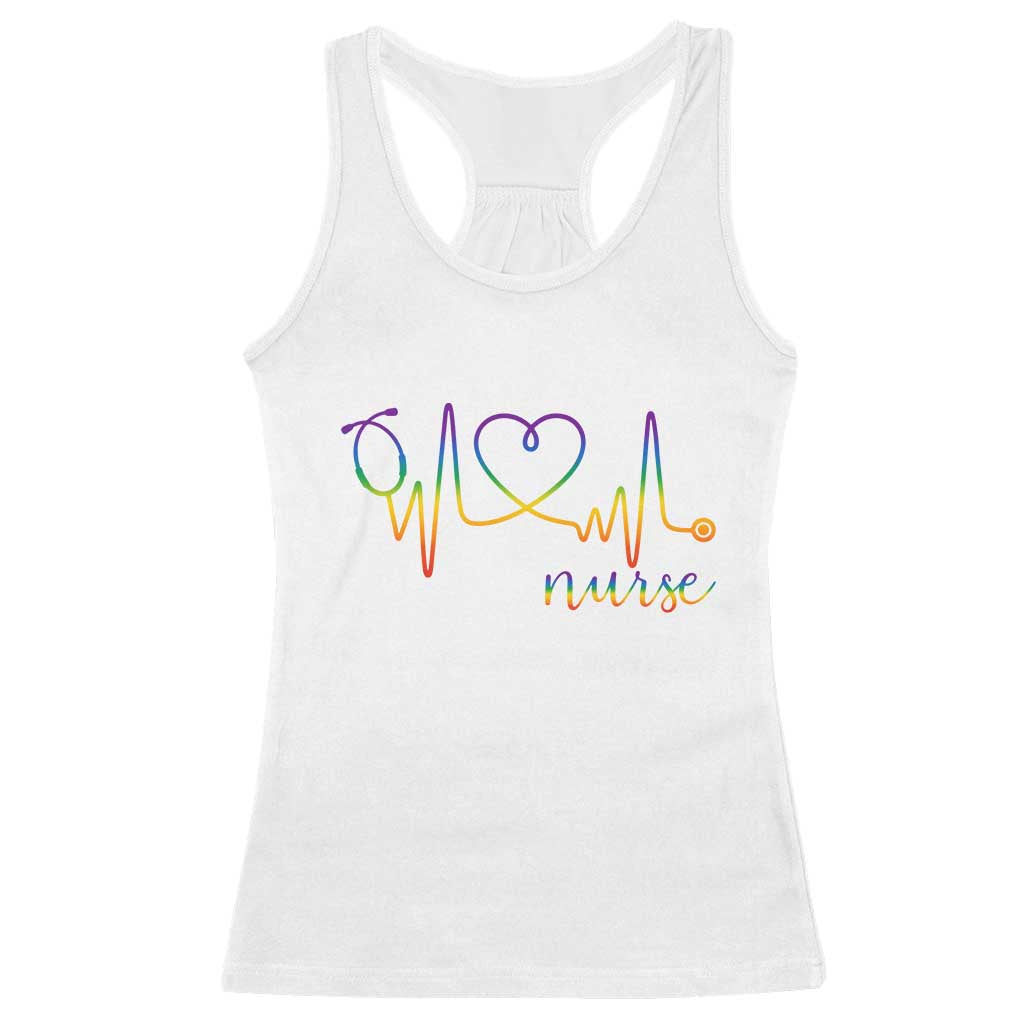 Nurse Heartbeat Rainbow Heart LGBTQ Pride Racerback Tank Top Medical Professional Support