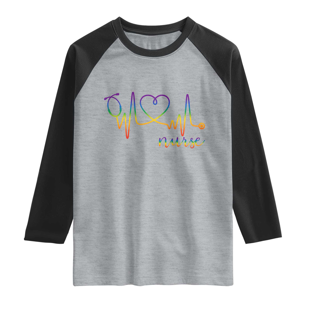Nurse Heartbeat Rainbow Heart LGBTQ Pride Raglan Shirt Medical Professional Support
