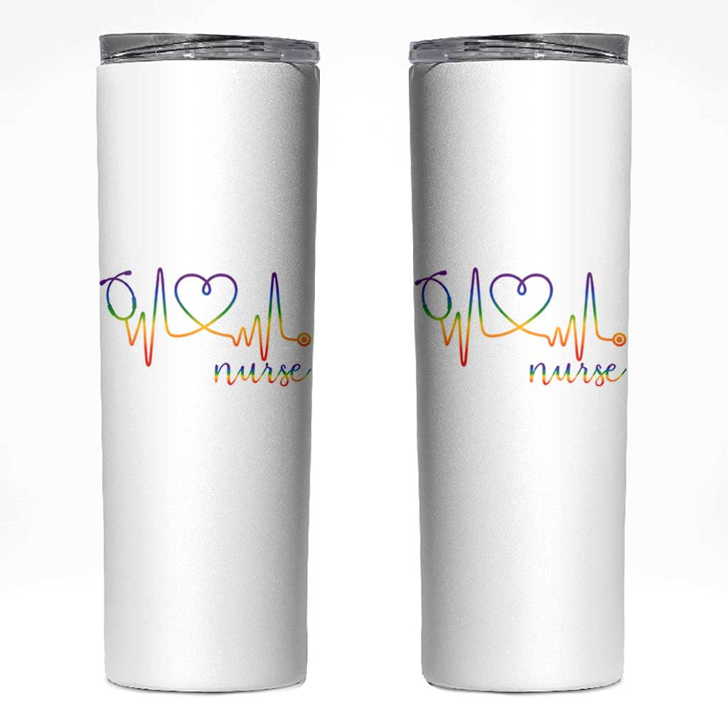 Nurse Heartbeat Rainbow Heart LGBTQ Pride Skinny Tumbler Medical Professional Support