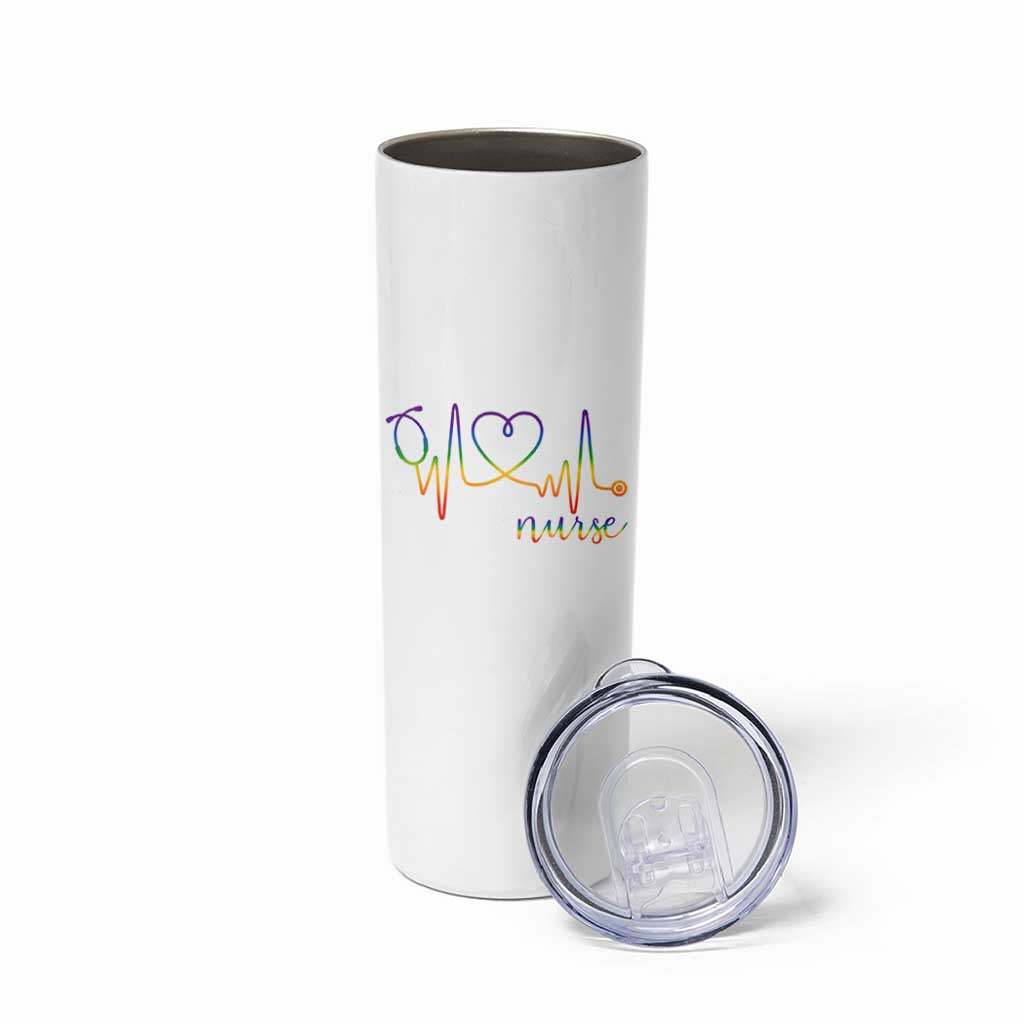 Nurse Heartbeat Rainbow Heart LGBTQ Pride Skinny Tumbler Medical Professional Support