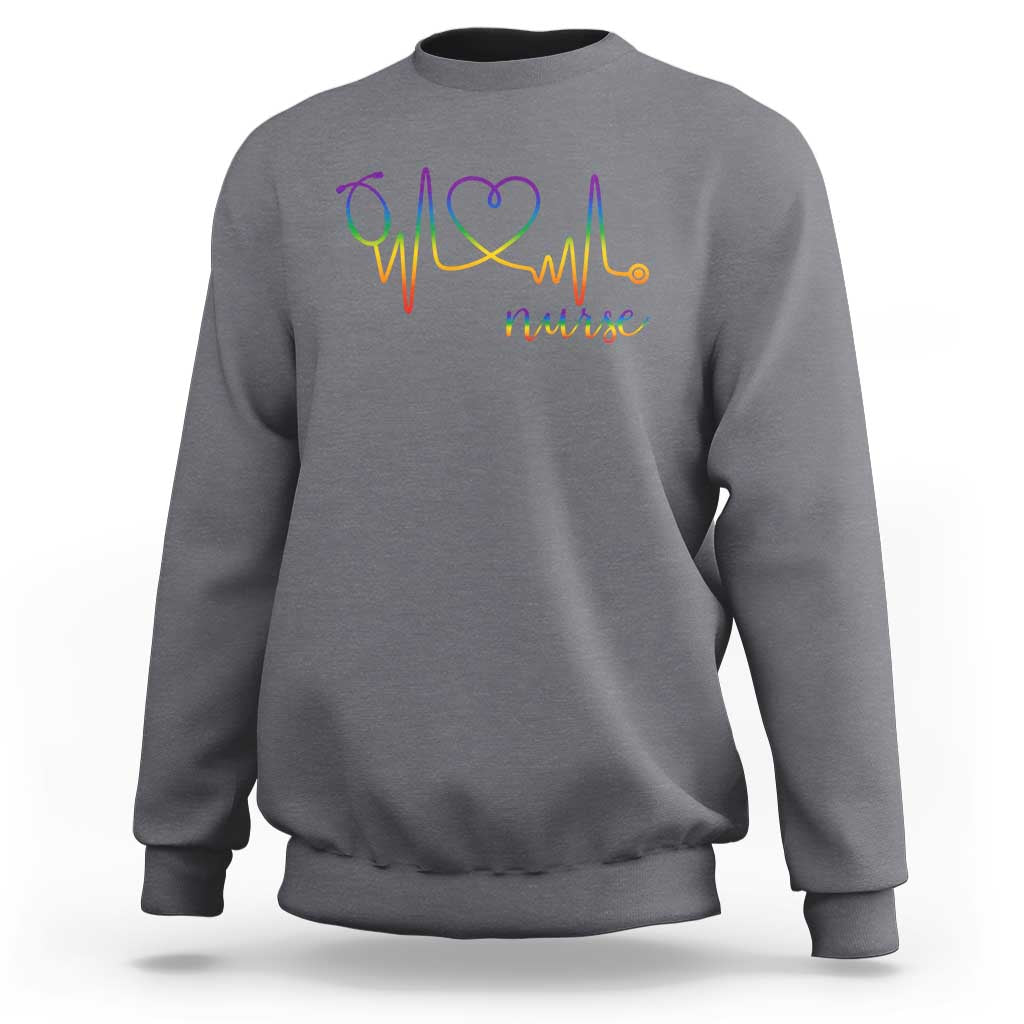Nurse Heartbeat Rainbow Heart LGBTQ Pride Sweatshirt Medical Professional Support