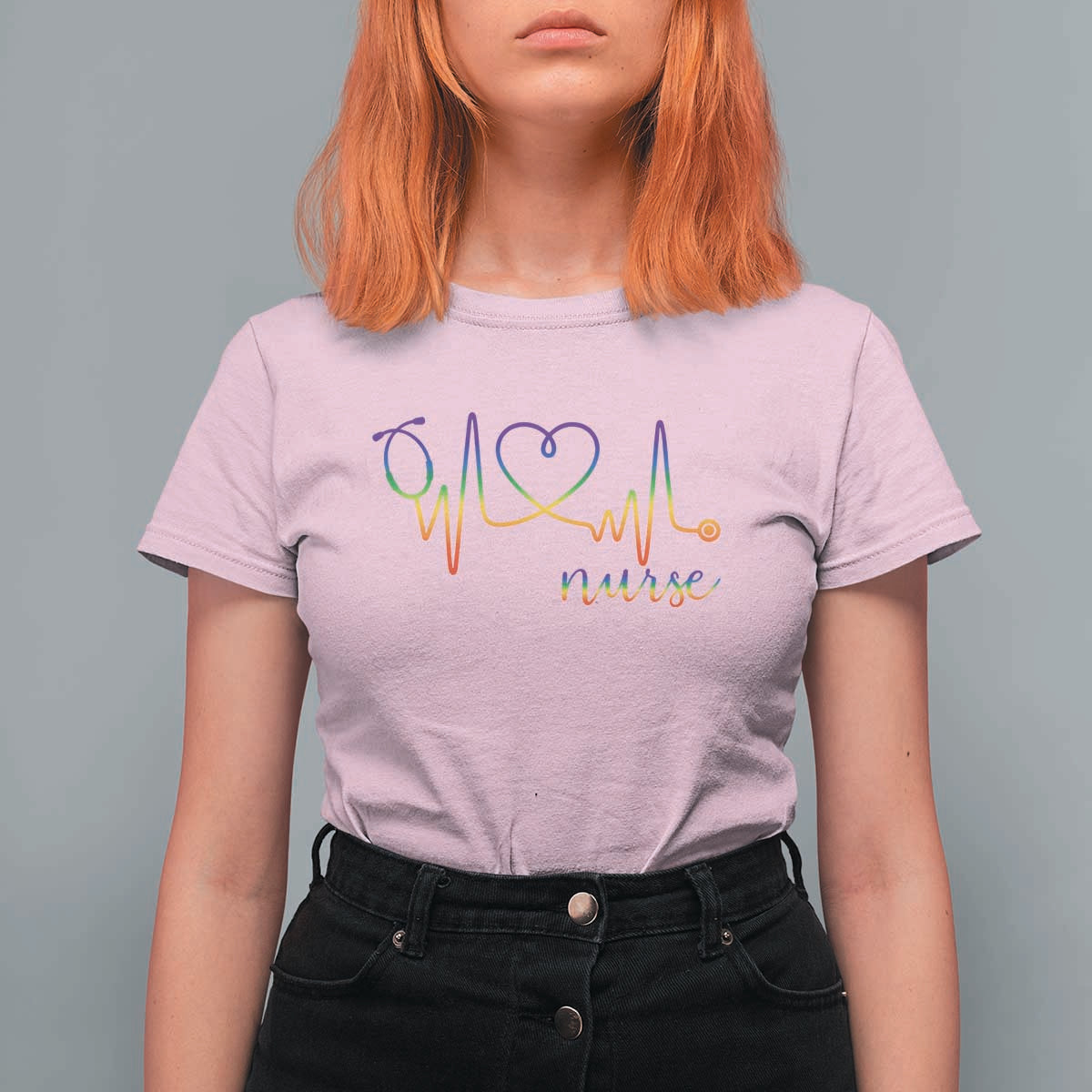 Nurse Heartbeat Rainbow Heart LGBTQ Pride T Shirt For Women Medical Professional Support