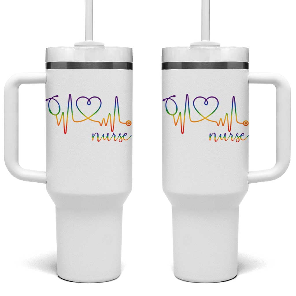 Nurse Heartbeat Rainbow Heart LGBTQ Pride Tumbler With Handle Medical Professional Support