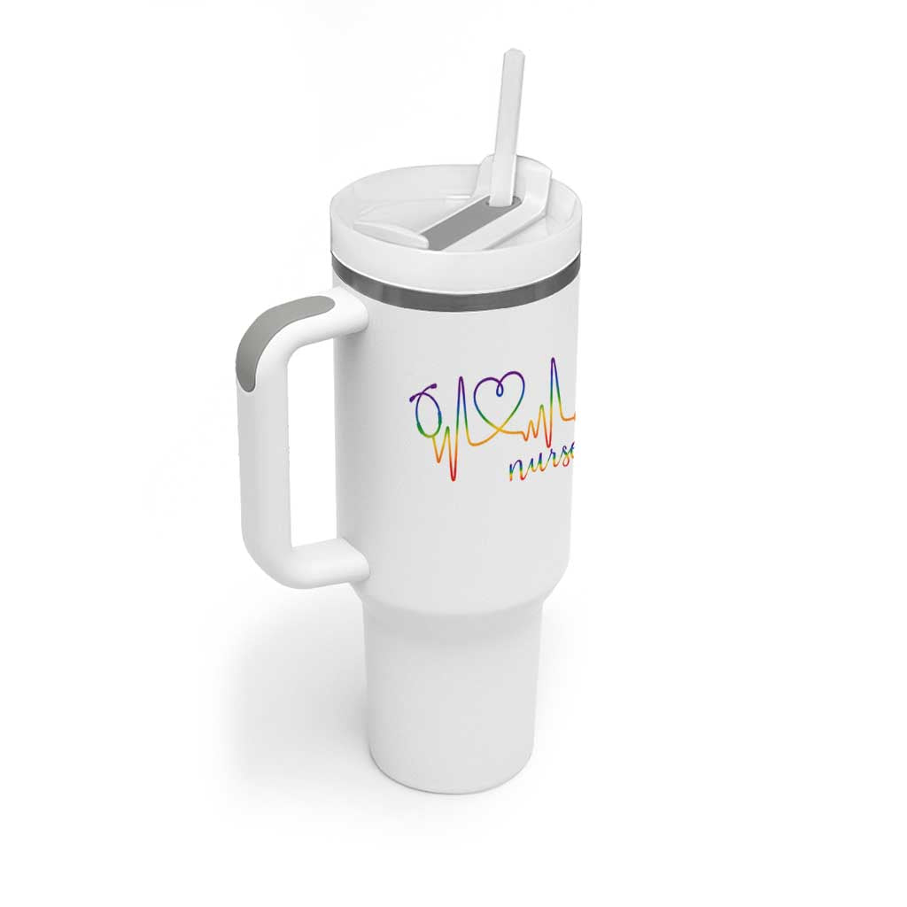 Nurse Heartbeat Rainbow Heart LGBTQ Pride Tumbler With Handle Medical Professional Support