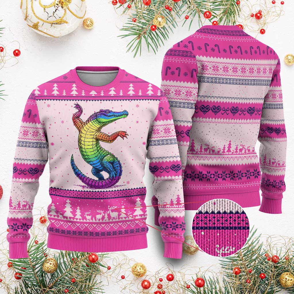 Funny Rainbow Gator LGBTQ Pride Support Ugly Christmas Sweater