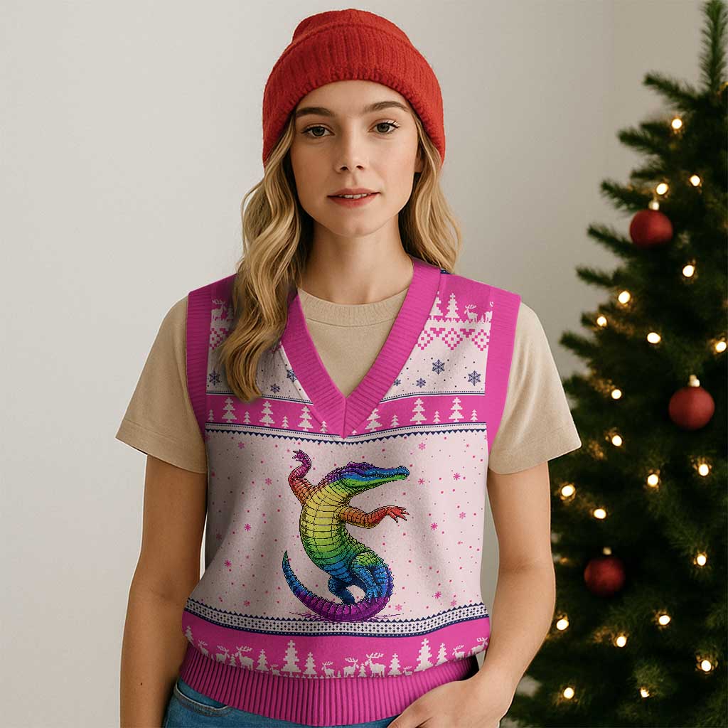 Funny Rainbow Gator LGBTQ Pride Support V-Neck Knit Sweater Vest